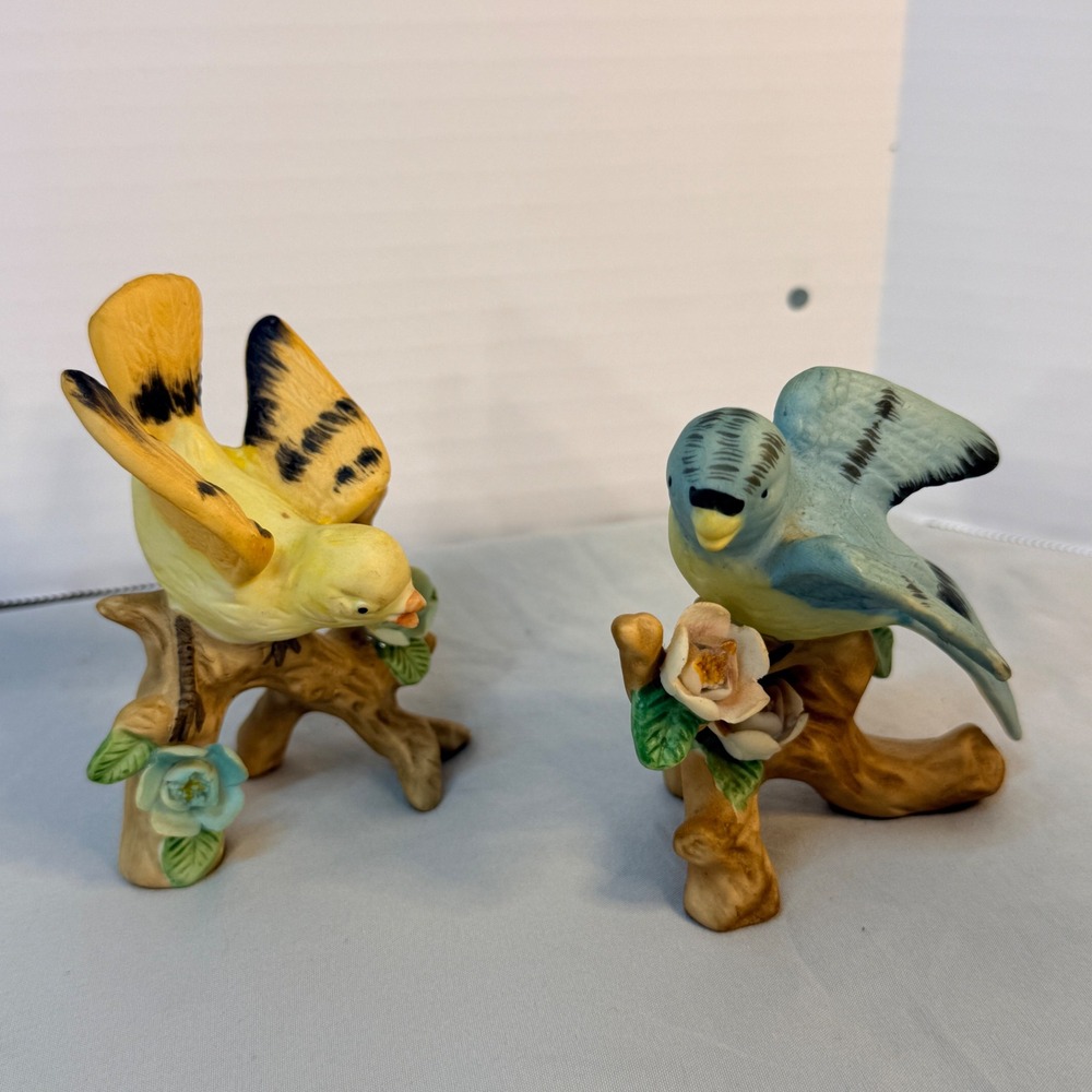 Vintage Ceramic Bird Figurines Set Blue Yellow Songbirds Floral Base
